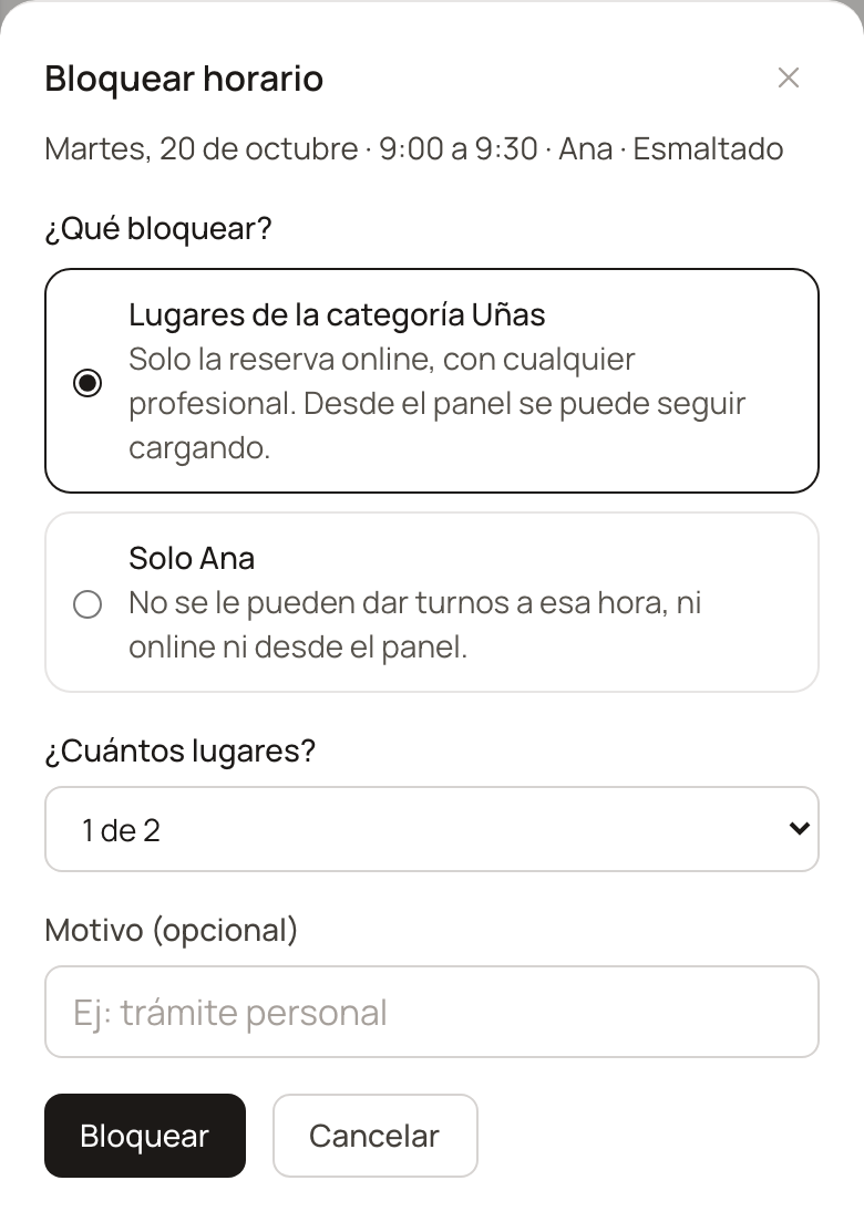 Ventana Bloquear horario