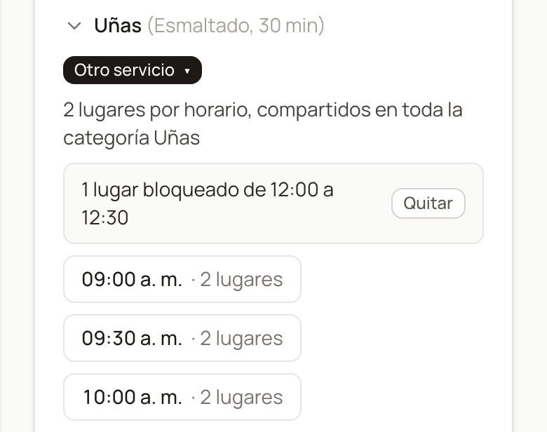 Una categoría con lugares por horario y un lugar bloqueado