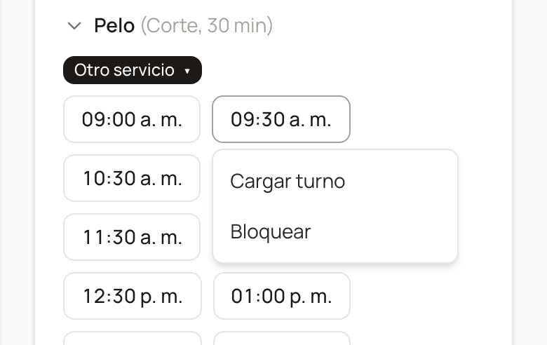 Menú de un horario: Cargar turno o Bloquear