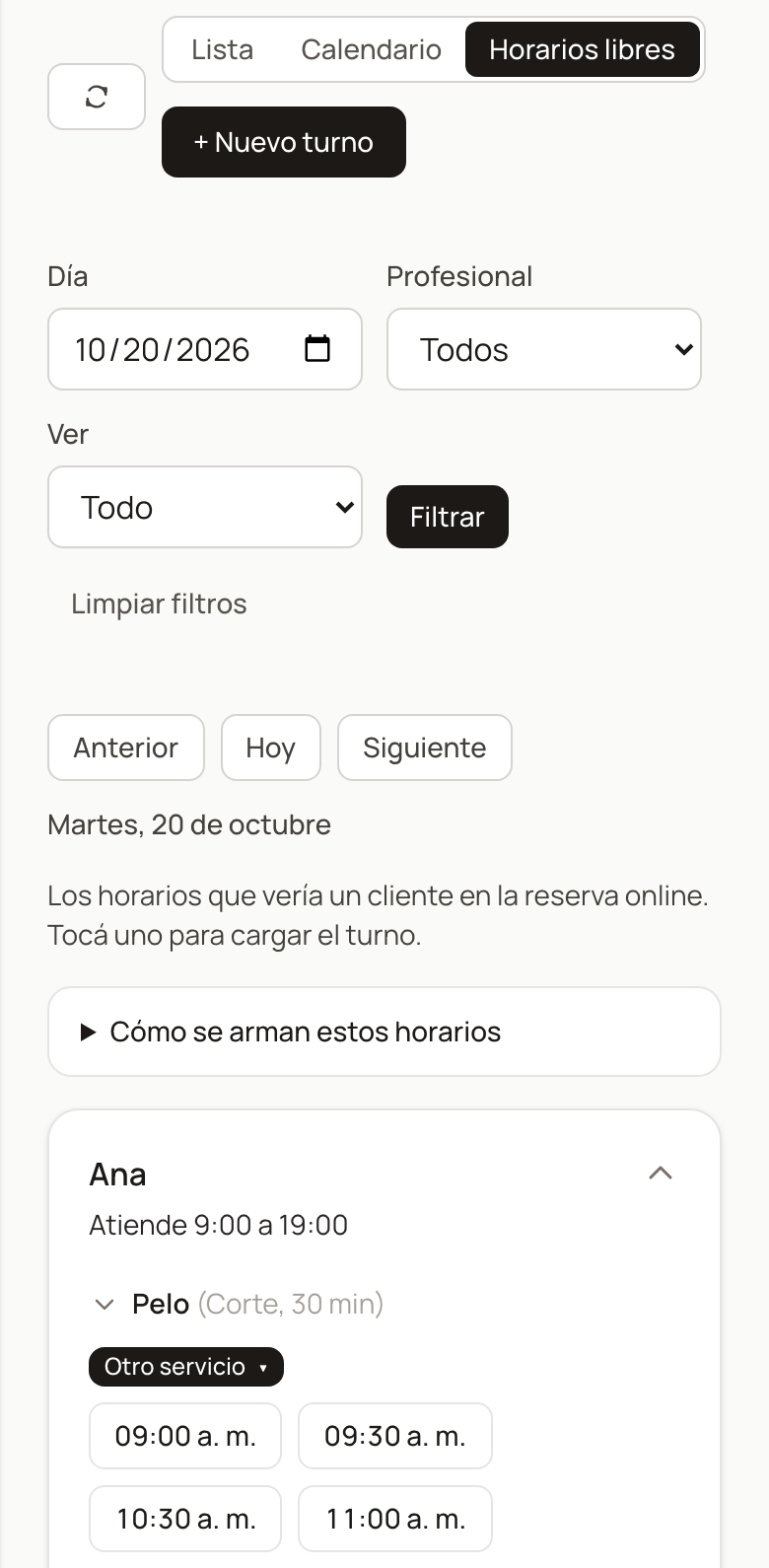 Pestaña Horarios libres en el celular