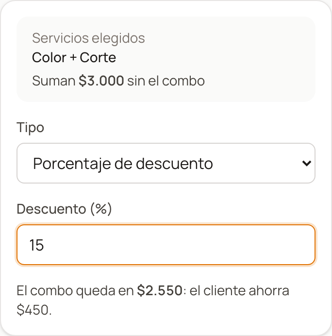 Paso del precio al crear un combo, con cuánto queda y cuánto ahorra el cliente