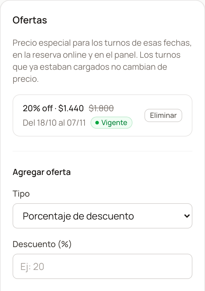 Recuadro Ofertas en la edición de un servicio