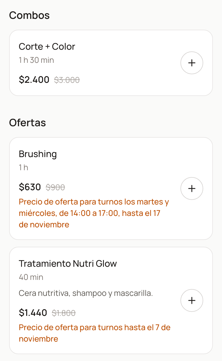 Secciones Combos y Ofertas en la reserva online